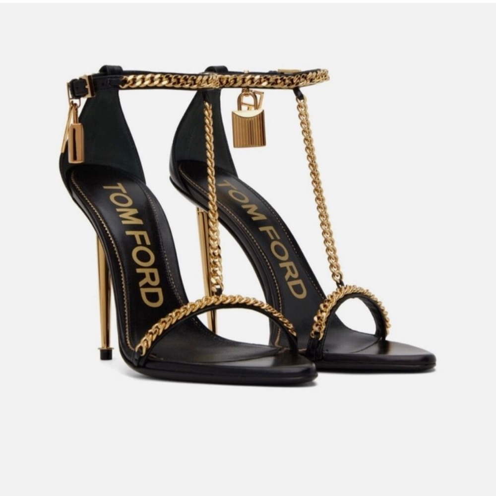 Tom Ford Black and Gold Heels with Chain Detail